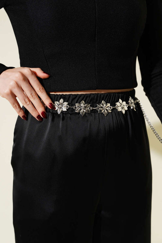 Lily Patterned Chain Belt Silver