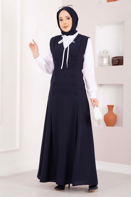 Elegant Shirt & Buttoned Pinafore Two-Piece Set Navy Blue