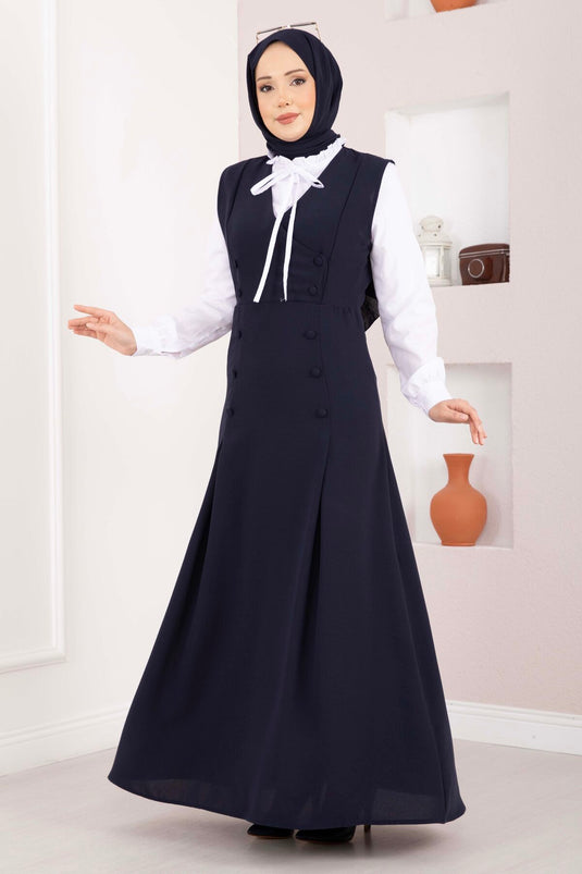 Elegant Shirt & Buttoned Pinafore Two-Piece Set Navy Blue