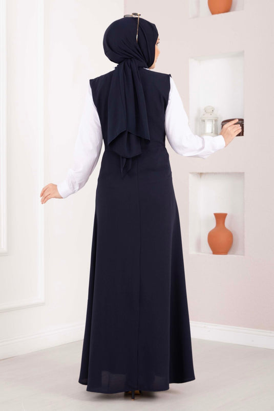 Elegant Shirt & Buttoned Pinafore Two-Piece Set Navy Blue
