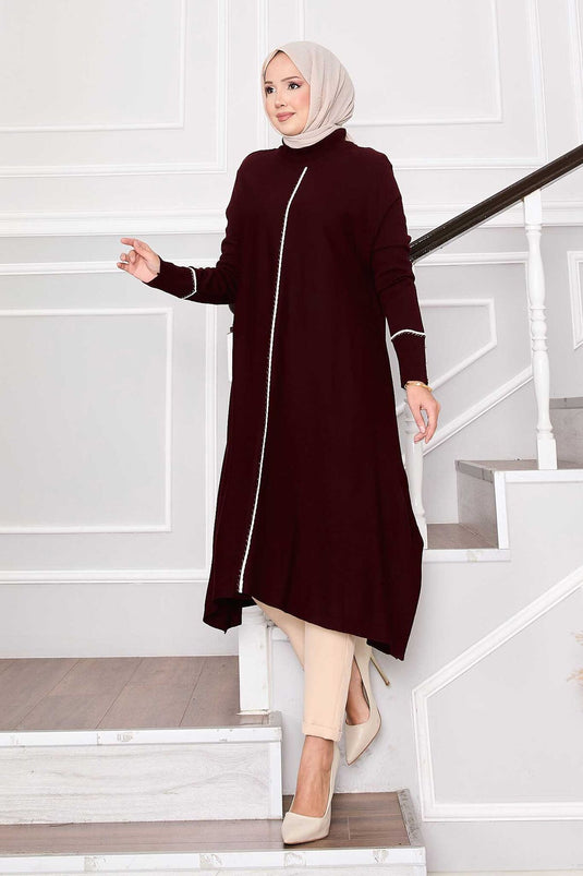 Elegant Glitter Striped Mevlana Knit Tunic Burgundy
