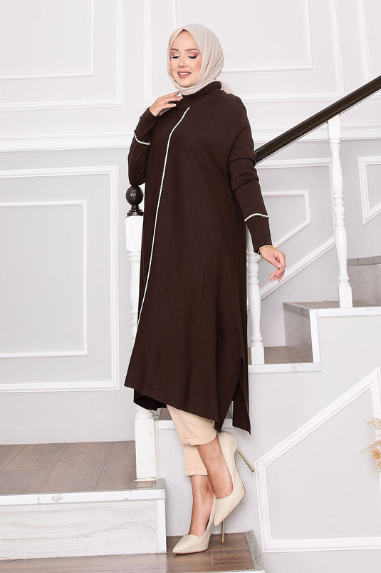 Tunique élégante en tricot Mevlana à rayures pailletées marron