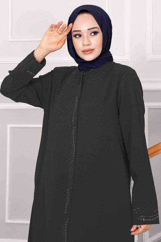 Elegant Stone Detailed Hijab Abaya in Smoke Color