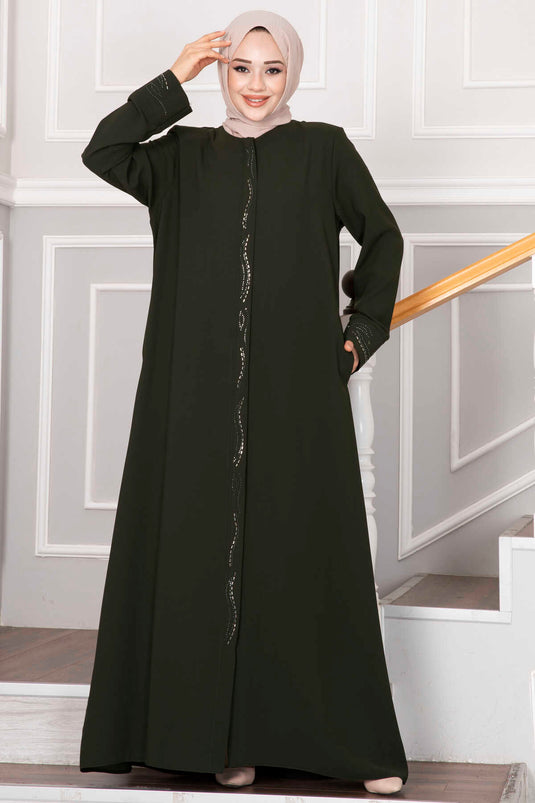 Elegant Stone Detailed Hijab Abaya Khaki