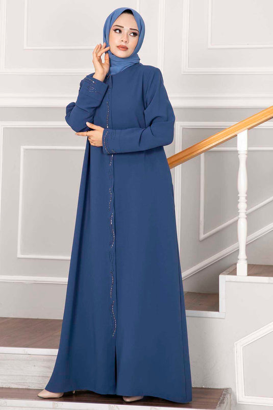 Abaya elegante con hiyab y detalles de piedras en color índigo