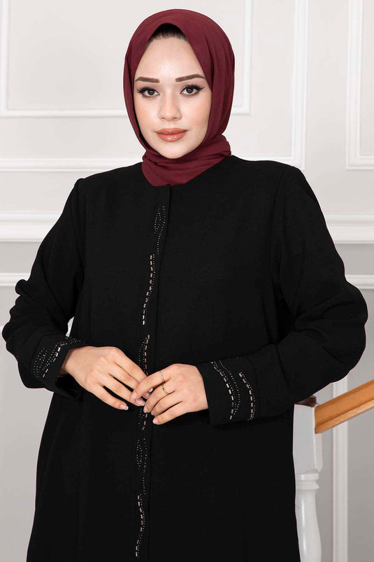 Elegant Stone Detailed Hijab Abaya Black