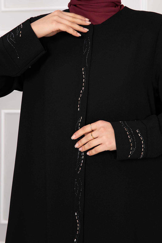 Elegant Stone Detailed Hijab Abaya Black