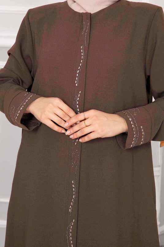 Elegant Stone Detailed Hijab Abaya Milky Coffee