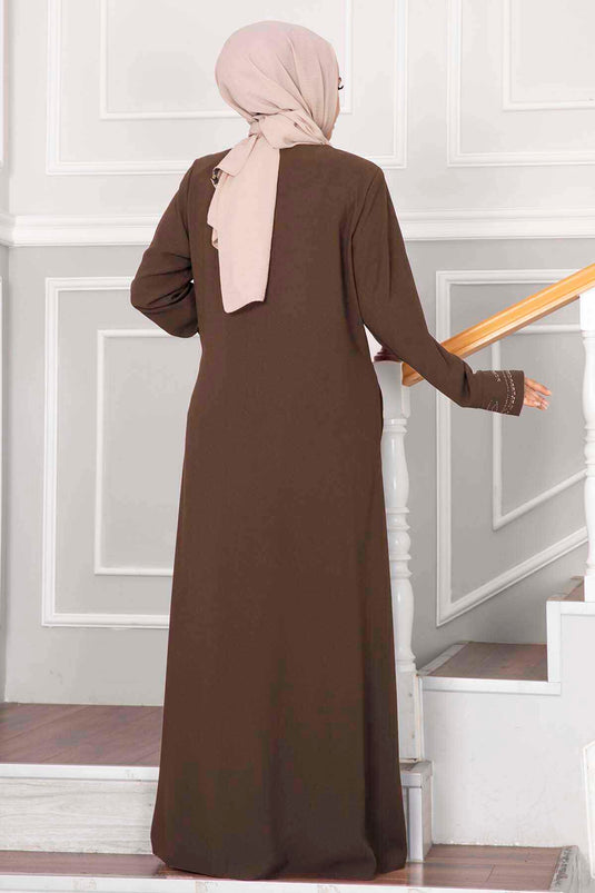 Elegant Stone Detailed Hijab Abaya Milky Coffee