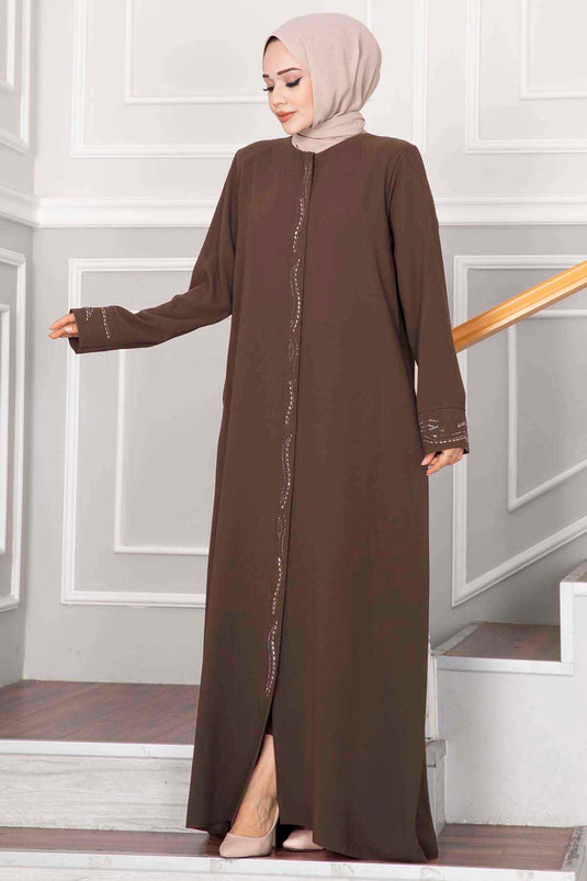 Elegant Stone Detailed Hijab Abaya Milky Coffee