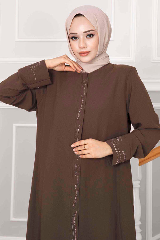 Elegant Stone Detailed Hijab Abaya Milky Coffee