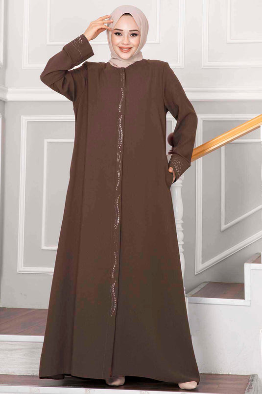 Elegant Stone Detailed Hijab Abaya Milky Coffee