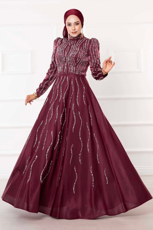 Elegante abito da sera hijab ricamato in pietra rosso bordeaux