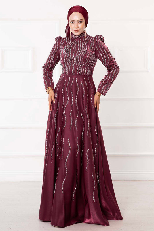 Elegante abito da sera hijab ricamato in pietra rosso bordeaux