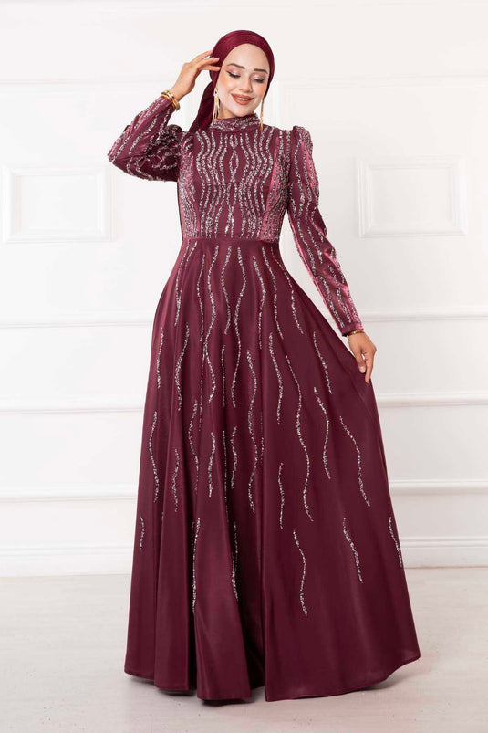 Elegante abito da sera hijab ricamato in pietra rosso bordeaux