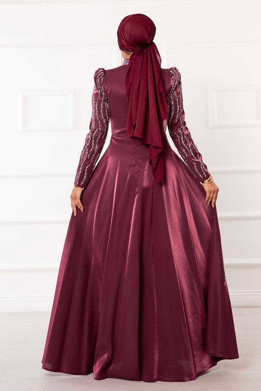 Elegante abito da sera hijab ricamato in pietra rosso bordeaux