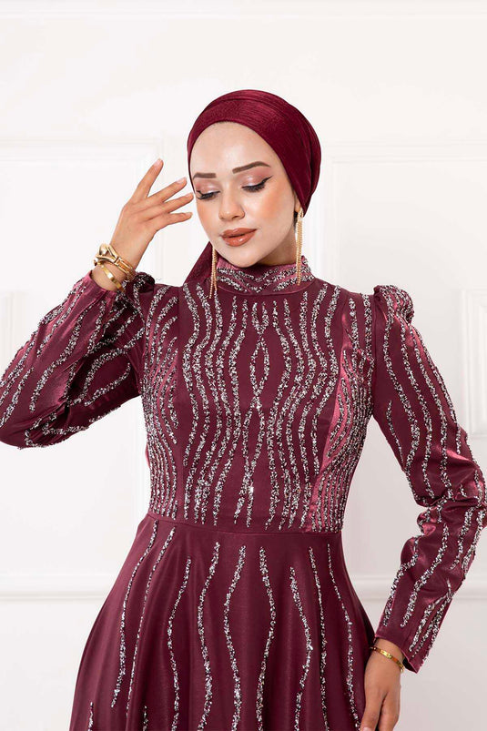 Elegante abito da sera hijab ricamato in pietra rosso bordeaux