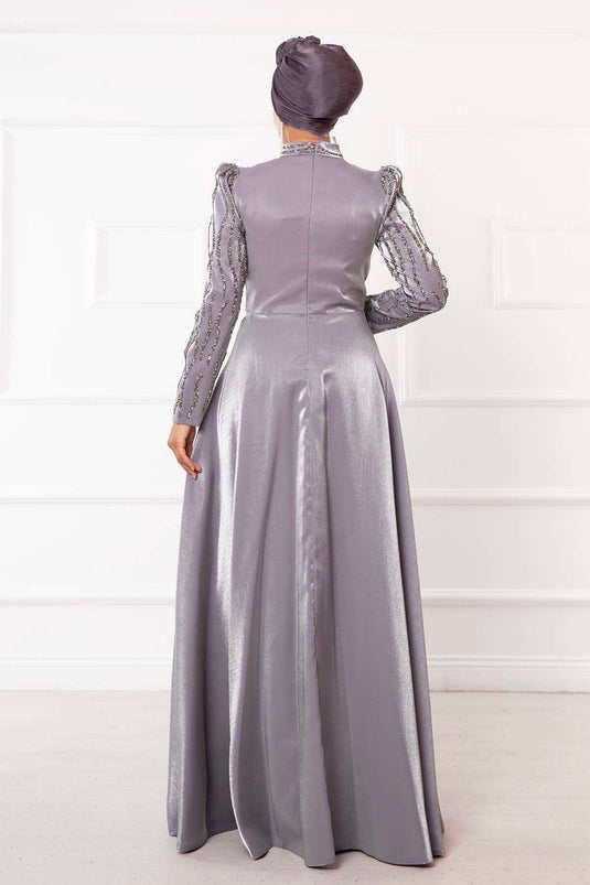 Elegante abito da sera hijab ricamato in pietra grigio