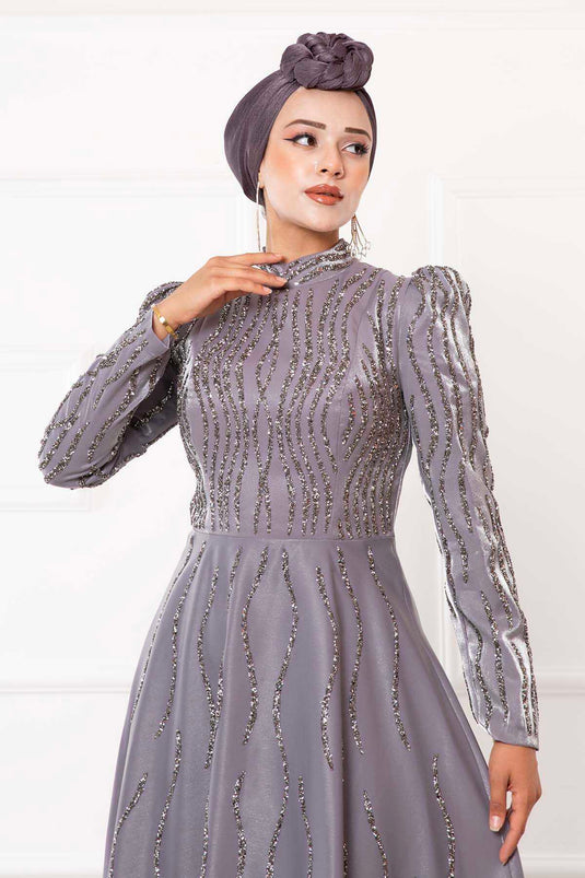 Elegante abito da sera hijab ricamato in pietra grigio