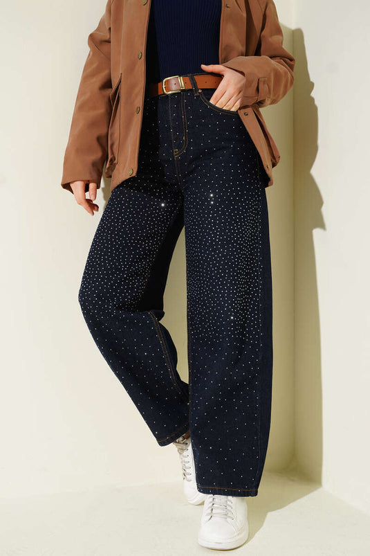 Geniş Paça Taşlı Kemerli Kot Pantolon Lacivert
