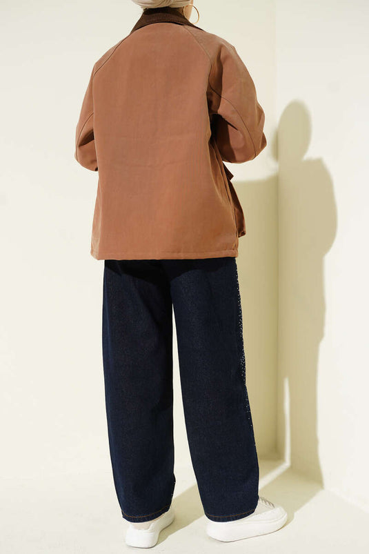 Geniş Paça Taşlı Kemerli Kot Pantolon Lacivert