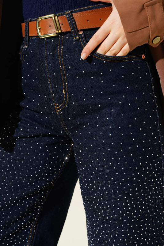 Geniş Paça Taşlı Kemerli Kot Pantolon Lacivert