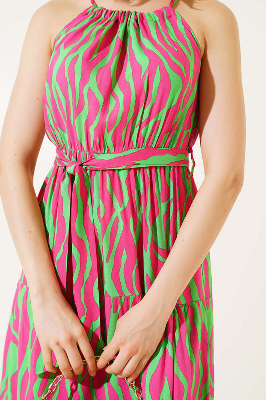 فستان بدون أكمام بنمط حمار وحشي مع رباط للرقبة باللون الفوشيا