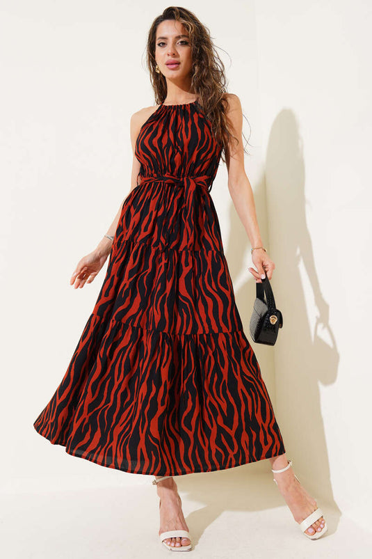 Zebra Pattern Neck Tie Sleeveless Dress Brown