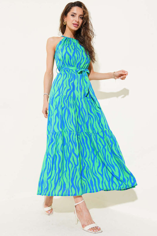 Vestido verde sin mangas con lazo y estampado de cebra