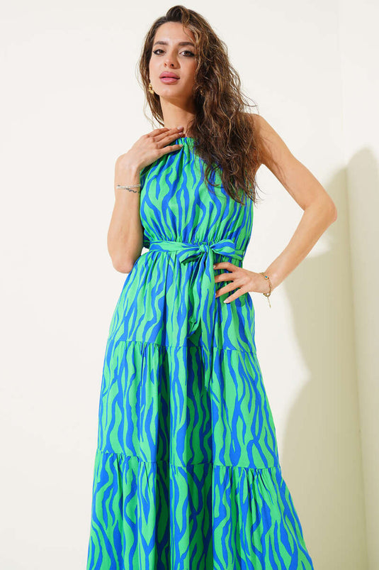 فستان بدون أكمام بربطة عنق ونمط حمار وحشي باللون الأخضر