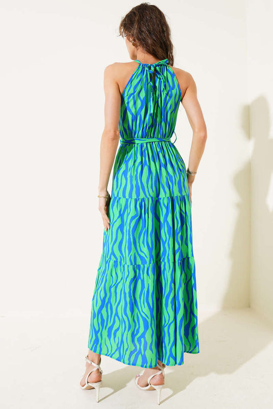 فستان بدون أكمام بربطة عنق ونمط حمار وحشي باللون الأخضر