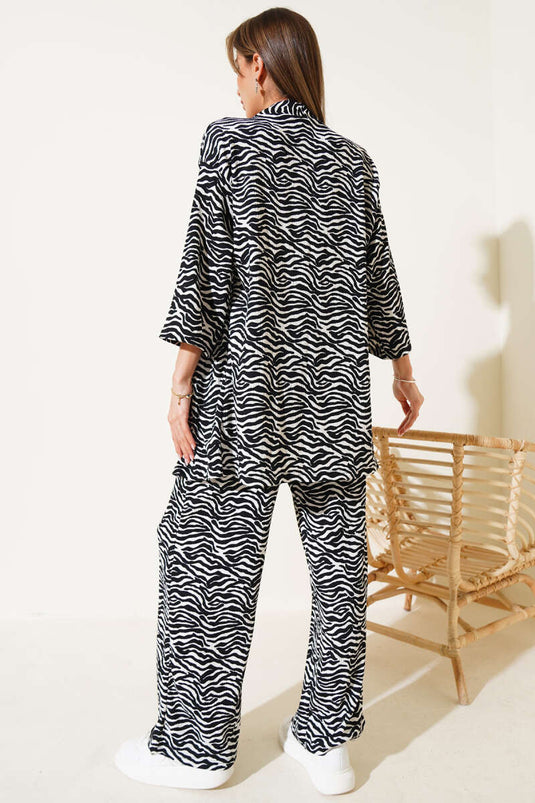 Zweiteiliges Kimono-Set aus Crêpe mit Zebramuster, Schwarz