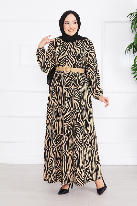 Robe hijab en crêpe à ceinture et motif zèbre noire