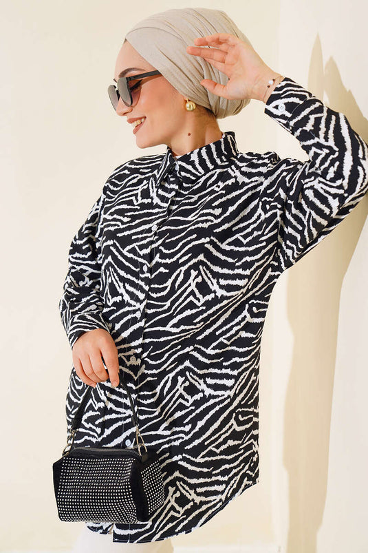 Zebra Desen Oversize Gömlek Siyah