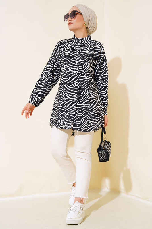 Zebra Desen Oversize Gömlek Siyah