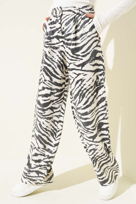 Zebra Pattern Glittery Palazzo Trousers Ecru Black