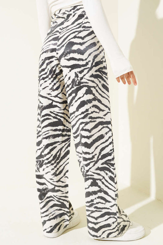 Zebra Pattern Glittery Palazzo Trousers Ecru Black