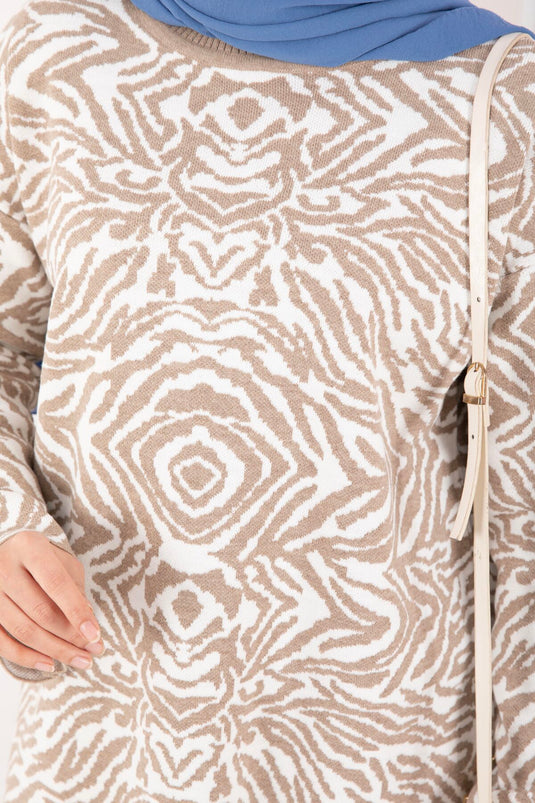 Zebra Desen Triko Kazak Vizon