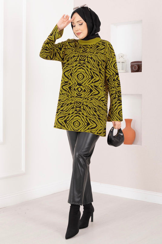 Zebra Desen Triko Kazak Yağ Yeşil