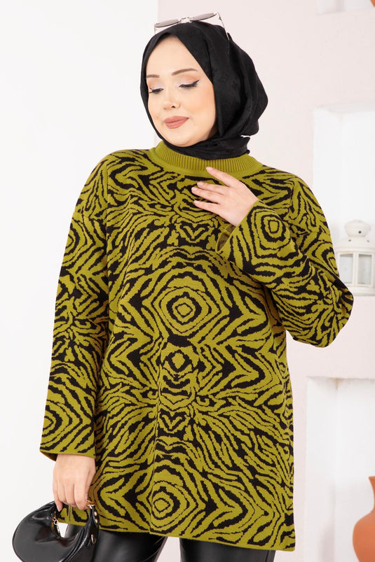 Zebra Desen Triko Kazak Yağ Yeşil