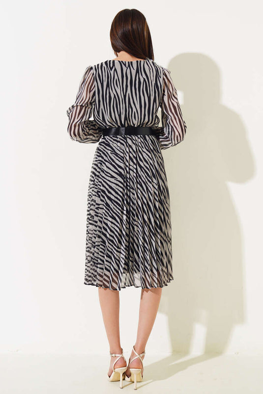 Zebra Pattern Tulle Midi Dress Black