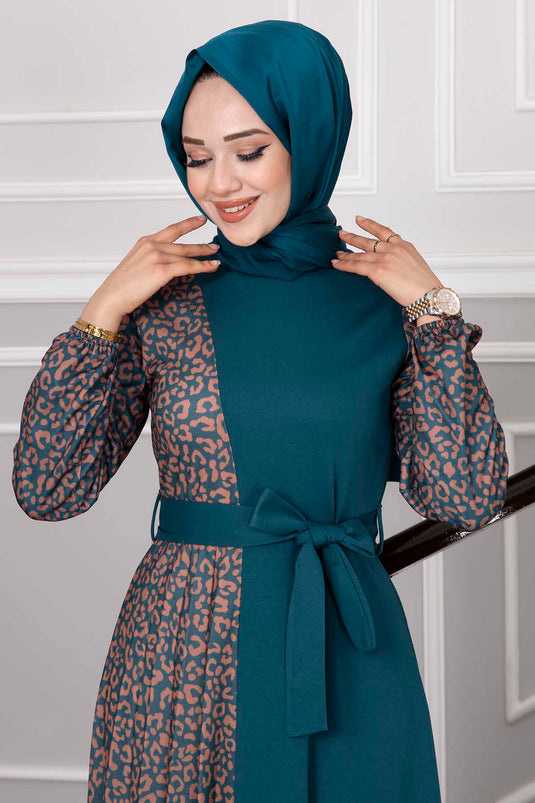 Robe Hijab à Motif Zèbre Pétrole