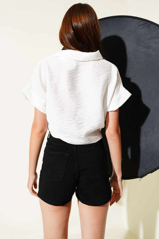 Zebra Patterned Front-Tie Crop Shirt, Ecru