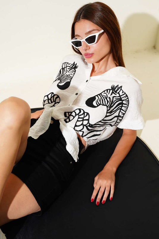 Zebra Patterned Front-Tie Crop Shirt, Ecru