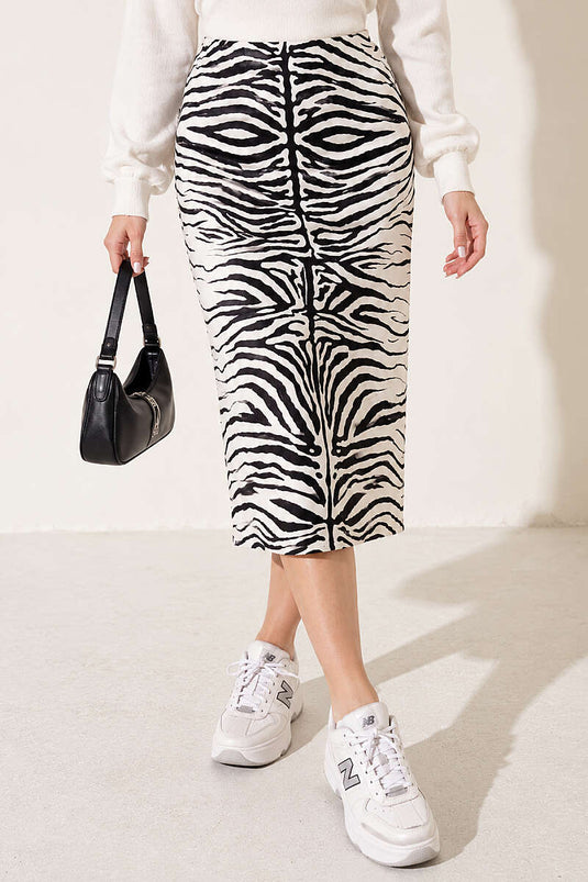 Zebra Desenli Saten Midi Etek Ekru