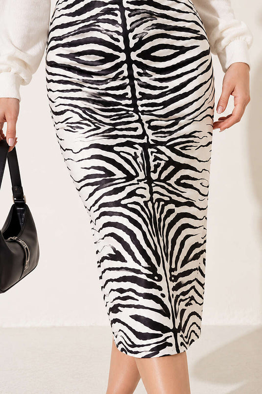 Zebra Desenli Saten Midi Etek Ekru