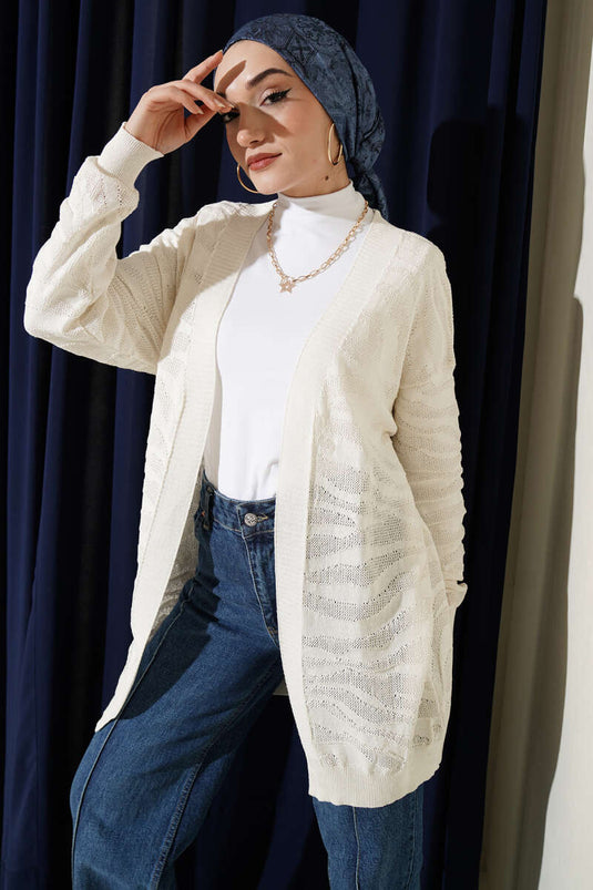 Zebra Patterned Knit Cardigan Ecru