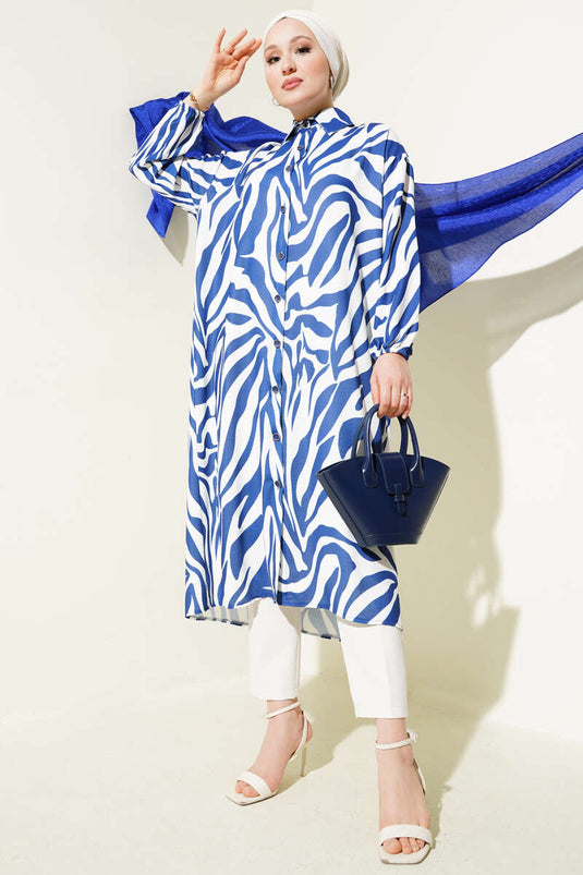 Chemise longue à motif zèbre bleu marine