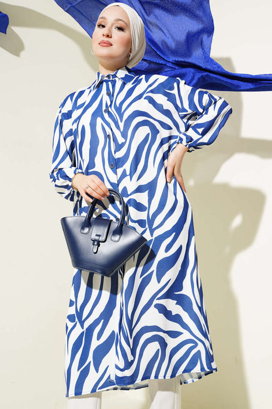 Zebra Patterned Long Shirt Navy Blue