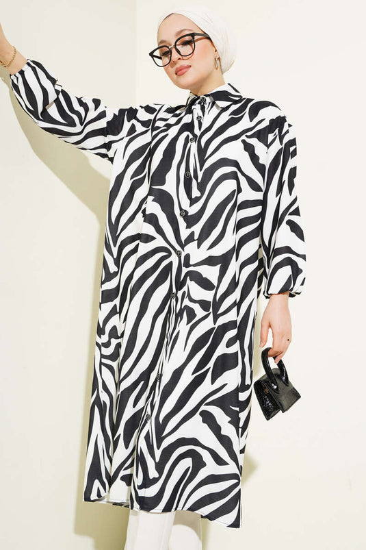 قميص طويل بنقشة حمار وحشي أسود